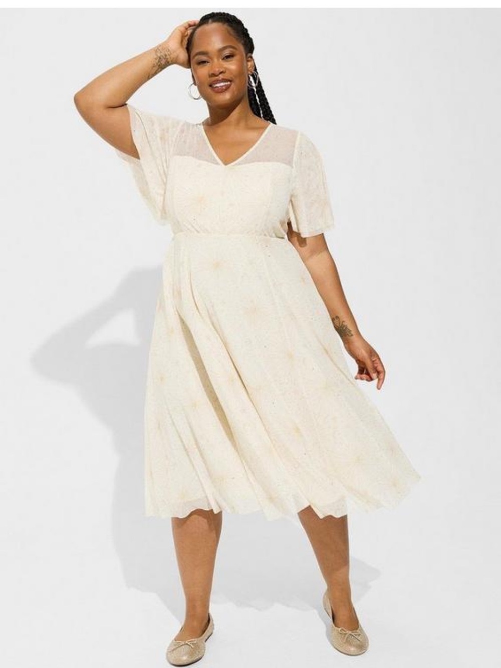 torrid Cream V‑Neck Midi Dress with Flutter Sleeves - Picture 1 of 5